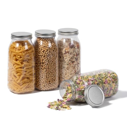 64 oz Large Plastic Mason Jars with Airtight Lids Wide Mouth (2 Pack Silver)