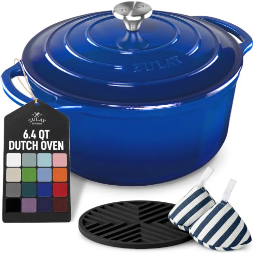 6.4QT Enameled Cast Iron Dutch Oven Pot with Lid (Blue / 6.4 Quart)