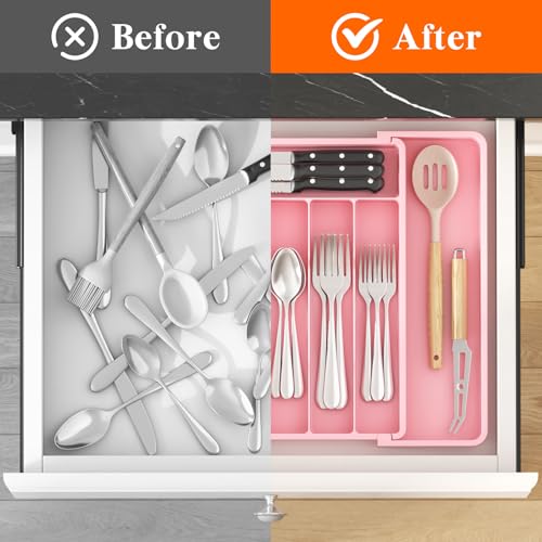 Expandable Silverware Drawer Organizer (Pink / Large (11-18''W x 14''D))