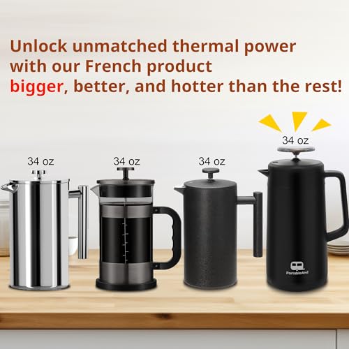 34oz Double Vacuum Insulation Large Silicone French Press Coffee Maker with Silicone Ring (Matte Black)