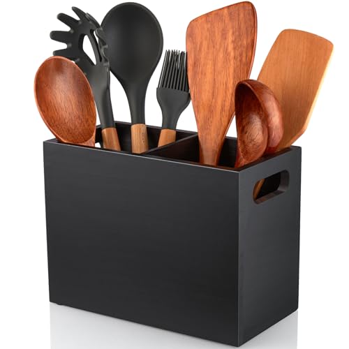 Black Utensil Holder for Kitchen Counter (Black / 2 Compatment)