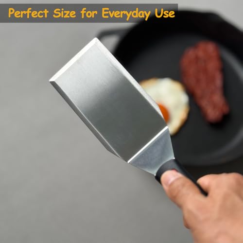 Professional Metal Spatula for Cast Iron Skillets and Flat Top Grills (3''x5''_Silicone Handle)