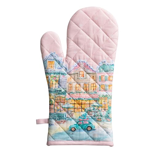 Maison d'Hermine Oven Gloves 100% Cotton Oven Mitt (124 - Christmas Market - Pink / 7.5" x 13" (Oven Mitt))