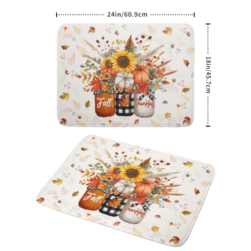 Autumn Pumpkin Dish Drying Mat 18x24 Inch Sunflower Flower Vase Washable Draining Mat with Hanging Loop Seasonal Holiday Home Decoration (Pumpkin Vase / 18" x 24")