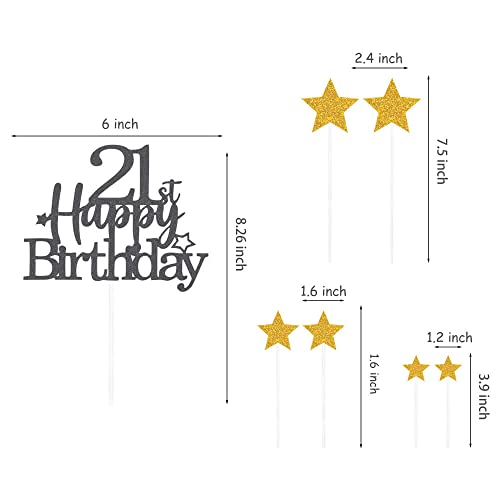 Black Gold 21st Birthday Cake Topper with Glittery Stars (7 Count)