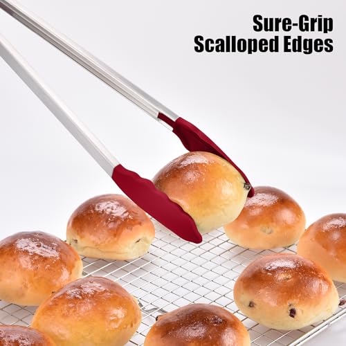 Kitchen Tongs with Silicone Tips for Cooking Serving (16in / Red)