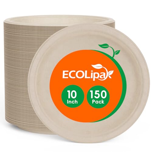 150 Pack 10 inch Compostable Disposable Paper Plates for Party (10in-150natura)