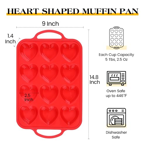 12 Cup Heart Shaped Silicone Muffin Pan for Baking with Metal Frame (Red / 12-Cup Heart)