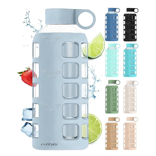 40oz / 32oz / 22oz / 12oz Borosilicate Glass Water Bottle with Time & Volume Markers, Silicone Sleeve, Stainless Steel Lid | Reusable Glass Bottle for Water & Juice (22oz Ice Blue) (Ice Blue (1 Count) / 22 Ounces)