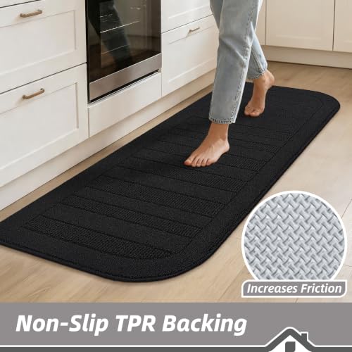 Kitchen Rugs Set of 2 Non Slip Washable 24"x36"+24"x60" (24" x 36" + 24" x 60" / Black)