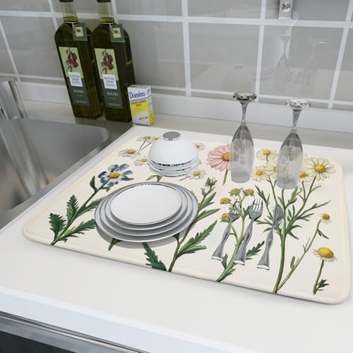 Wild Flowers Dish Drying Pad Reversible Microfiber Dish Mat Floral Drainer Rack Coffee Bar 18 X 24 Inch (Blossom Daisy 1104 / 24" x 18")