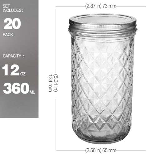 20 PACK Mason Jars 12 OZ Canning Jars Jelly Jars With Regular Lids (20pack)
