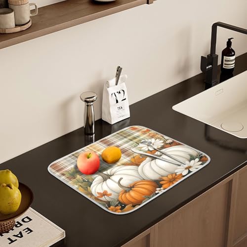 Autumn Fall Thanksgiving Dish Drying Mat for Kitchen Counter Absorbent Microfiber Small Orange White Pumpkin Small Drying Pad Dish Mats for Kitchen Countertops 16 x 18 Inch (Thanksgiving Pumpkins / 18" x 16")