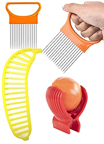 Tomato Slicer Holder Kit Banana Tool Cutting Guide Onion Potato Pepper Hot Dog Prep (Tomato Holder + Poker + Banana Slicer)
