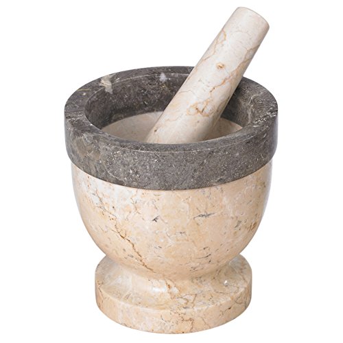 Handcrafted Mortar and Pestle Solid Marble Grinder for Spices and Herbs Artisan Carved from Yushan Marble Elegant and Durable for Everyday Cooking (Beige and Charcoal / 5.9" Diam. x 5.9" H)