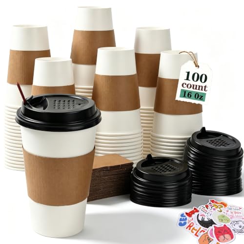 16 oz Disposable Paper Coffee Cups with Lids & Sleeves