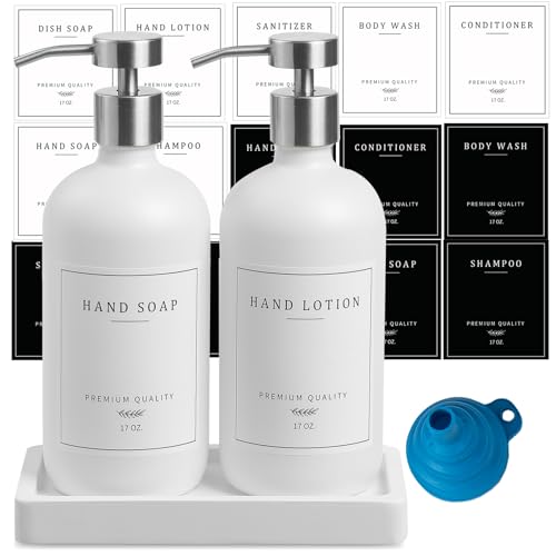 Glass Soap Dispenser Bathroom (White Bottle/Brushed Silver Pump + Tray)