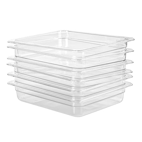 6 Pack Half Size Food Pan 2.5 Inch Deep Food Storage Container for Commercial Business Clear Stackable Polycarbonate Pans for Food Prep BPA Free Freezer (1/2 Size / 2-1/2” Deep)