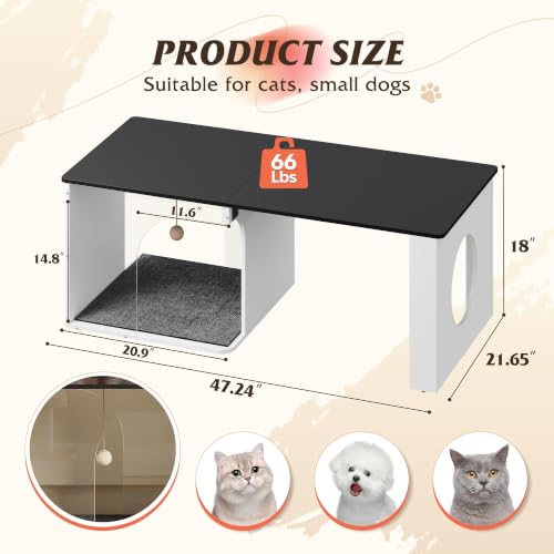 Coffee Table Cat House with Cat Scratcher Pad + Ball (Urban White / 47" with Shelf)
