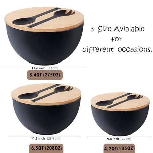 11.3" Extra Large Salad Bowl with Wooden Lid & Servers (11.3 inch / Matte Black)