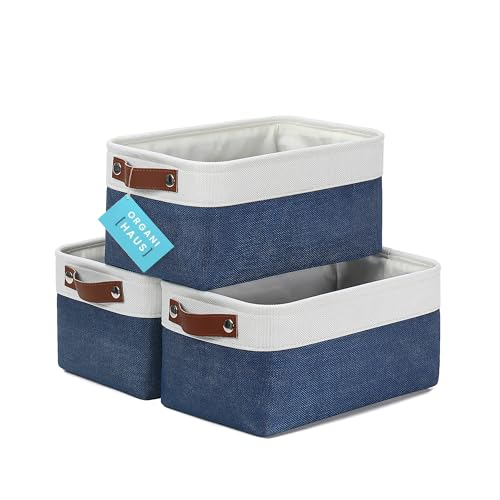 12x8in Canvas Storage Baskets (Navy Blue / Off-White / Small - 3pc)