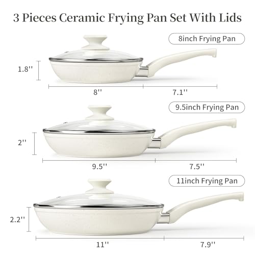 Nonstick Ceramic Frying Pans Skillets Set with Lid 8"+9.5"+11" (Cream White)