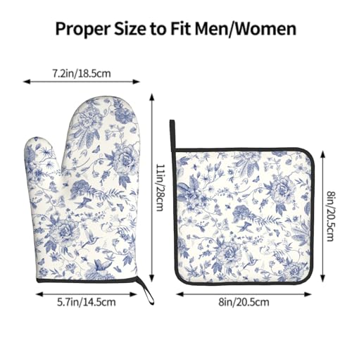 Chinoiserie Flower Oven Mitts and Pot Holder Blue Leaves Heat Resistant 2Pcs Washable Oven Gloves Hot Pads for Kitchen Baking Grilling BBQ (Chinoiserie Flower)