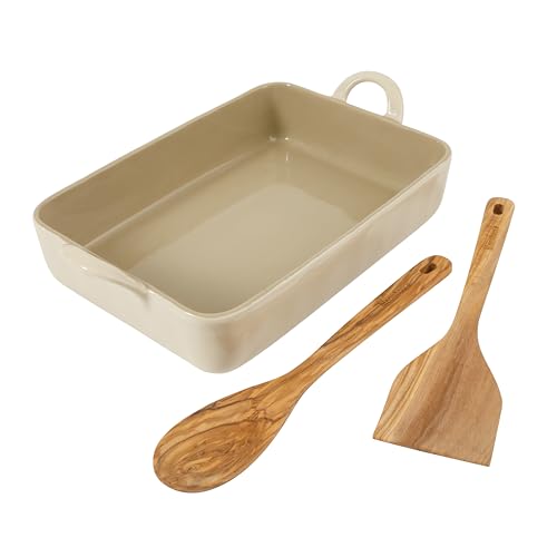 3-Piece 4.8-Quart 9 X 13 Ceramic Bakeware Set with Olive Wood Tools – Linen/Taupe Baking Dish with Handles, Oven Safe, Durable Stoneware for Casseroles, Roasting & Serving