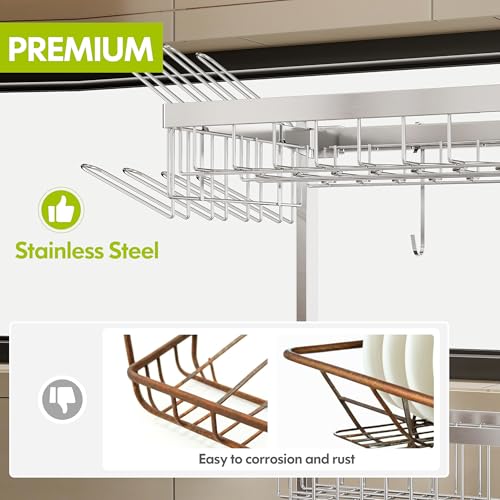 Over The Sink Dish Drying Rack with Cup and Utensil Holder (Silver / 2 Tier, Over Sink)