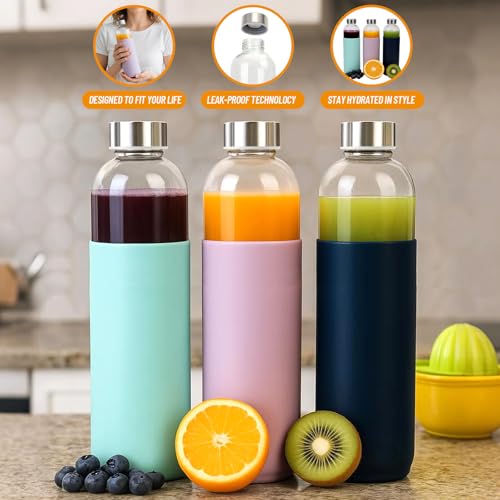 18 oz Glass Water Bottles with Lids and Silicone Sleeve 10 Pack (silicone sleeve-10pack / 18 Ounces)