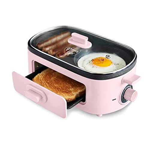 3-in-1 Breakfast Maker Station, Healthy Ceramic Nonstick Dual Griddles for Eggs Meat Sausage Bacon Pancakes and Breakfast Sandwiches, 2 Slice Toast Drawer, Easy-to-use Timer, Pink (Pink / 11" Breakfast Maker / Breakfast Maker)