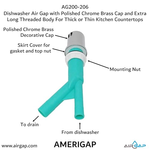 Dishwasher Air Gap with Skirted Polished Chrome Brass Cap and Extra Long Threaded Body for Thick or Thin Kitchen Countertops (AG200-206)