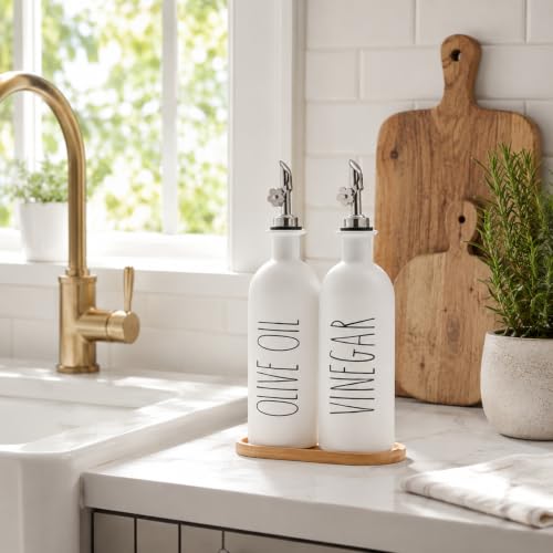 16oz Olive Oil Dispenser Bottles for Kitchen (White+Tray / 16 fl oz)