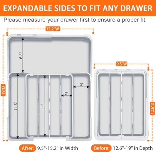 Adjustable Silverware Drawer Organizer (Grey / M(9.5-15.2"W x 12.6-19"D))