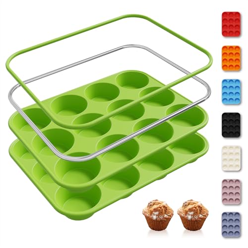 2 Pack 12 Cups Silicone Muffin Pan with Metal Reinforced Frame Regular Size Silicone Molds Cupcake Cake Baking Pans Cookie Baking Chocoflan Cupcake Mold Kitchen Baking Mold Tools for Cooking (2pc: 12-Cup Regular / Green)