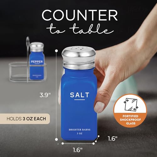 Blue Salt and Pepper Shakers Set with Holder by Brighter Barns (Blue)