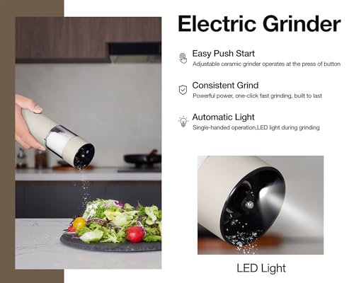 Electric Salt and Pepper Grinder Set Stainless Steel 2 Pack USB Rechargeable LED One Hand Off White (Off-White)