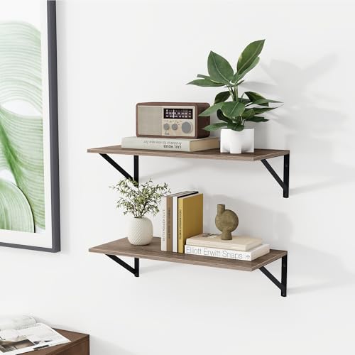 24W x 12D Deep Floating Shelves Set of 2 Grey (Grey With Black Metal Bracket / 24Wx12Dx5.8H)