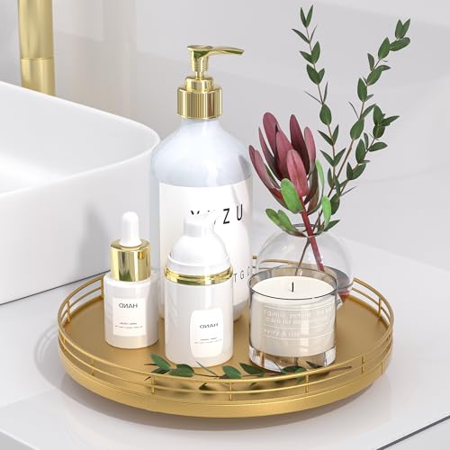 10 Inch Oak Lazy Susan Vanity Tray with Gold Metal Rail (Golden / 10)