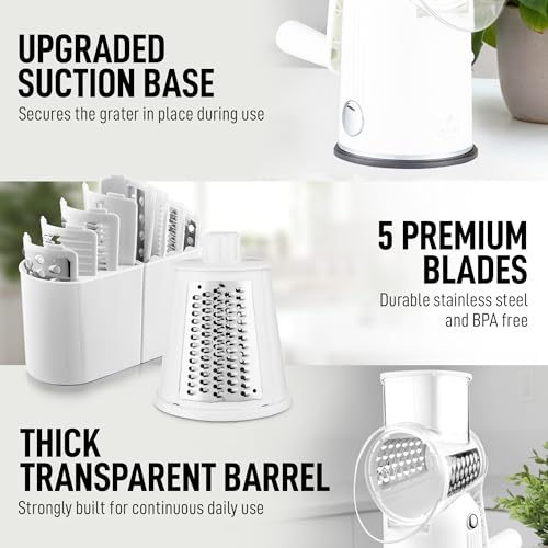 Rotary Cheese Grater Manual Hand Crank 5 Blade Shredder (5 Blades / Classic | White)
