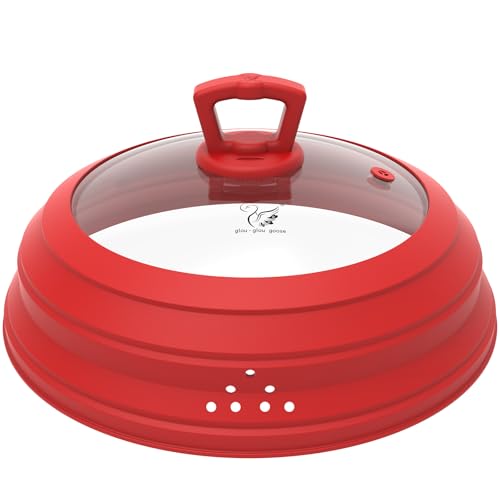 Microwave Splatter Cover Vented Glass Splatter Guard Lid with Collapsible Silicone for Food as Pot Cover 11.8 inch Large Plate for 6 7 8 9 10 11 inch Plate Bowl (Regular style 11.8 inch / Red)