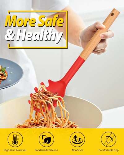 Silicone Soup Ladle and Pasta Spoon Set with Wooden Handle (2 Count)