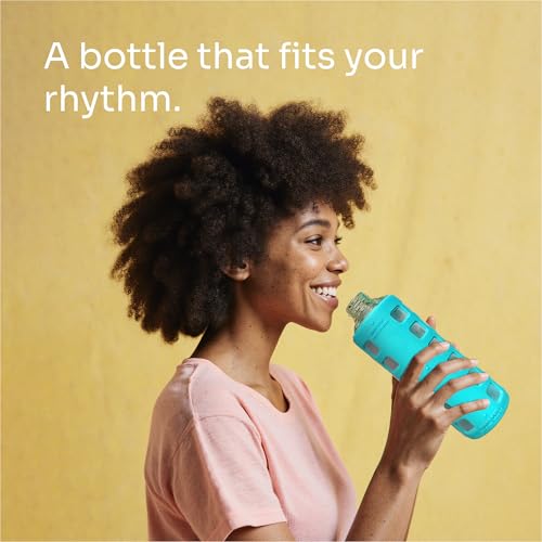 40oz / 32oz / 22oz / 12oz Borosilicate Glass Water Bottle with Time & Volume Markers, Silicone Sleeve, Stainless Steel Lid | Reusable Glass Bottle for Water & Juice (12oz Aqua Blue) (Aqua Blue (1 Count) / 12 Ounces)