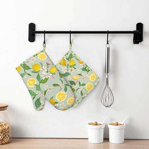 Lemon Oven Mitts Pot Holders Set Silicone Lemon Paper Yellow Citrus Fruit Lemons Kitchen Oven Mitts Heat Resistant Potholders Non (Lemon Yellow)