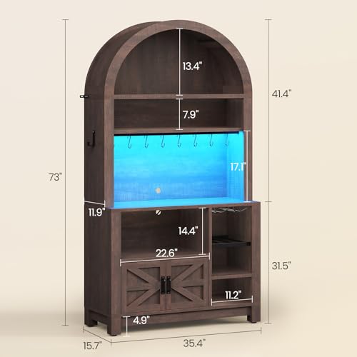 73" Tall Arched Bakers Rack with Power Outlet and LED Light (Brown)
