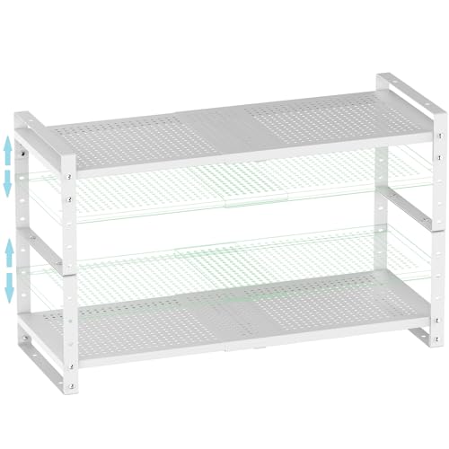Expandable Shoe Rack Stackable Metal Pantry Storage Shelves Stand Adjustable Height Cabinet Shelf Organizer Racks Spice Shelving (White / 2PACKS/WHITE/MEDIUM)