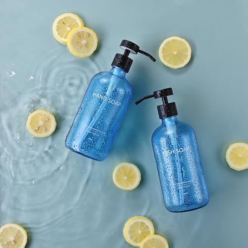 Glass Kitchen Soap Dispenser Set with Ceramic Tray (Blue Bottles + Black Pumps)