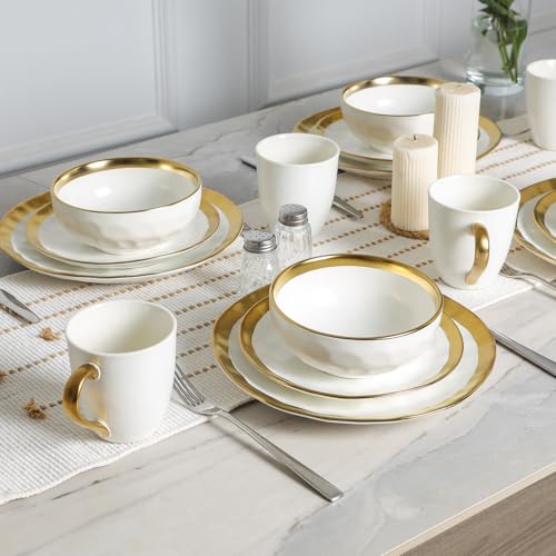 Ceramic Salad Bowls Set for Kitchen (White with Golden)