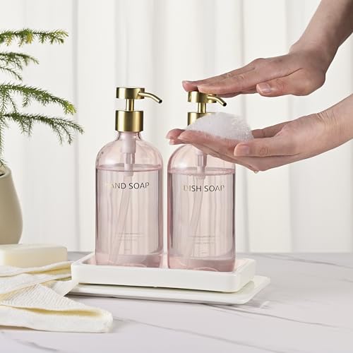 Glass Kitchen Soap Dispenser Set with Ceramic Tray (Pink Bottles + Gold Pumps)
