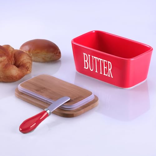 Ceramic Butter Dish with Bamboo Lid and Stainless Steel Knife Spreader (Red)